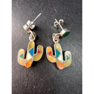 NEW Sterling Silver Peruvian Art Mosaic Cactus Earrings – Multi-Gemstone Inlay